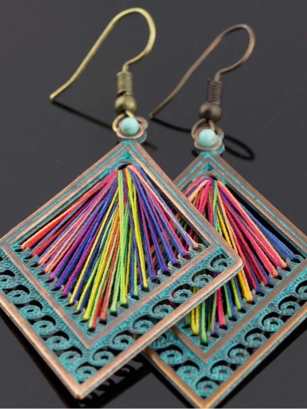 Turquoise Diamond Tassel Thread Earrings - Multicolor - Picture 3 of 6